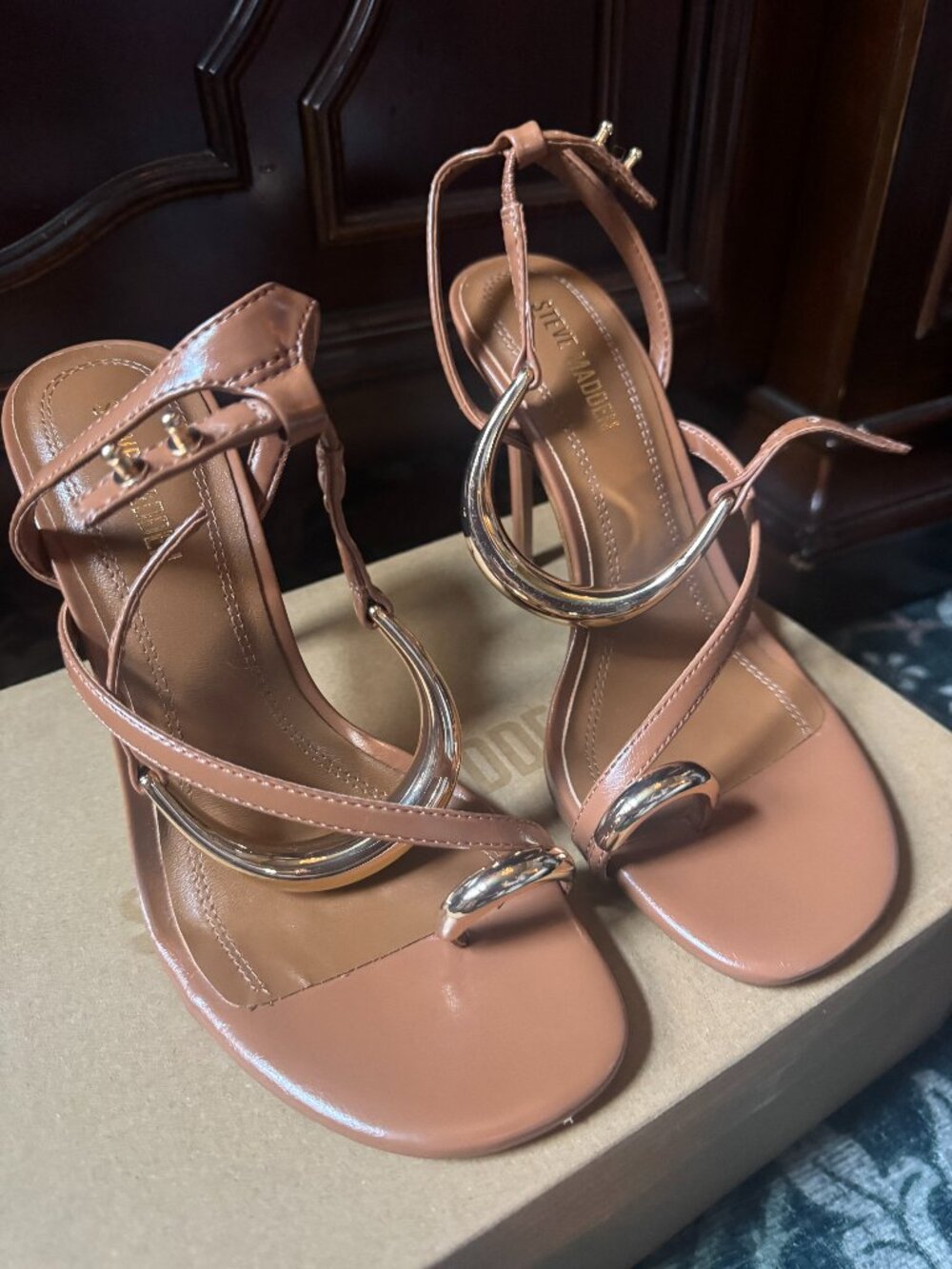 Steve Madden Tia Tan Caramel Gold Hardware Strappy Stiletto Heels 7.5